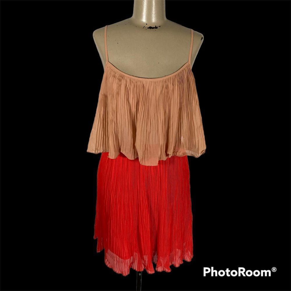The Rage Tiered Pleated Crepe Mini Dress Coral Orange